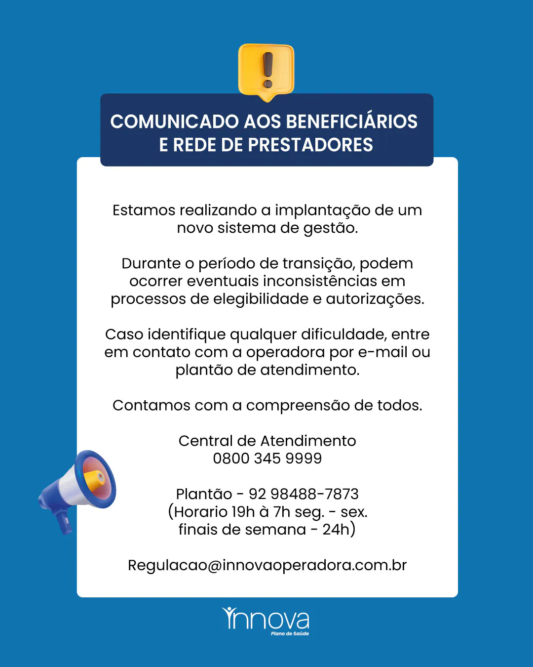Comunicado à Rede de Prestadores - Innova Plano de Saúde